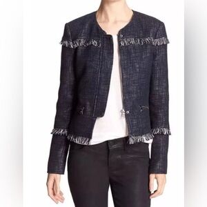 BANANA REPUBLIC Jacket 2 BOUCLE FRINGE Tweed Navy Cotton Linen Lined Zippers